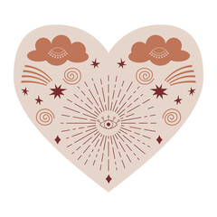 symmetrical mystical heart with celestial and boho elements, clouds, comet, stars, eye. decorative e