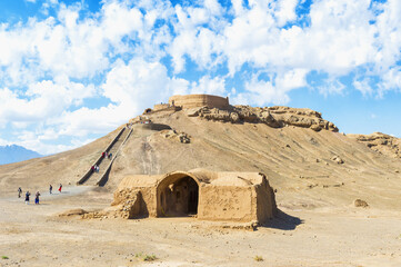 Wall Mural - Ruins of ritual buildings in front of Dakhmeh Zoroastrian Tower of Silence, Yazd, Iran