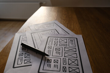 UX website design wireframe. Sketch, prototype, framework, layout future design project. UI/UX - user interface, user experience designer. Creative concept for web design studio. Website development