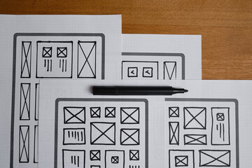 UX website design wireframe. Sketch, prototype, framework, layout future design project. UI/UX - user interface, user experience designer. Creative concept for web design studio. Website development
