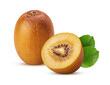 Yellow gold kiwi fruit one cut in half with green leaf