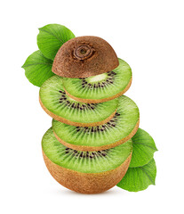 Wall Mural - Kiwi fruit slice with green leaf flying in the air