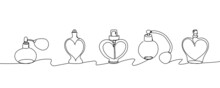 Set Of Perfume Bottles Continuous Line Drawing. One Line Art Of Romance, Perfume, Fragrances, Eau De Toilette, Pheromones, Gift, February 14, Valentine S Day, Relationship.
