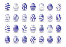 Easter Purple Eggs Set Design. 3d Eggs In A Trendy Color Of The Year Very Peri. Lilac Eggs Collection For Easter Holiday. Vector Illustration