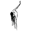 Naked woman bent over or forward with one arm raised up. Standing nude lady with loose hair in despair pose. Hand drawn linear doodle rough sketch. Black silhouette on white background.