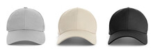 Set With Different Baseball Caps On White Background. Mock Up For Design