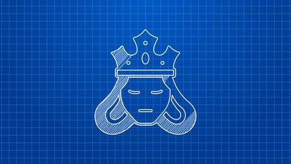 Sticker - White line Princess or queen wearing her crown icon isolated on blue background. Medieval lady. 4K Video motion graphic animation