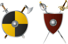 Viking Sword, Ax And Shield, Renaissance Shield And Two Rapier, Vector Illustration