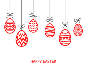 Poster - Easter card with decorative red eggs hanging on strings