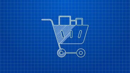 Canvas Print - White line Shopping cart and food icon isolated on blue background. Food store, supermarket. 4K Video motion graphic animation