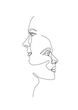 Vector Illustration Of A Continuous Line Drawing Faces, Fashion Concept, Woman And Man Beauty Minimalist, . One Line Style, Vector Illustration. Clean Vector Illustration Isolated On White Background.