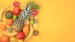 Detox diet and weight loss concept. summer tropical fruits and vegetables on a yellow table, top view, healthy and natural food, source of vitamin C, store banner, selective focus, space for text