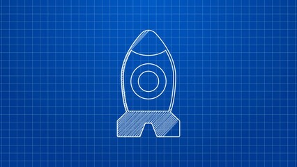 Poster - White line Rocket ship toy icon isolated on blue background. Space travel. 4K Video motion graphic animation