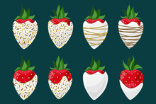 Vector Set Of Strawberries Covered With White Glaze Decorated With Gold Confectionery Topping Isolated On Emerald Background.
