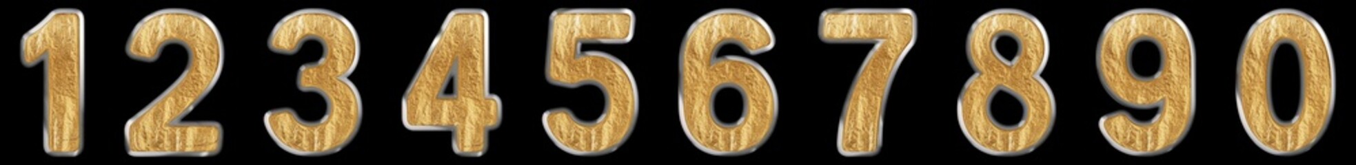 Set of arabic numbers, gold and silver texture, isolated on black background, 3d illustration