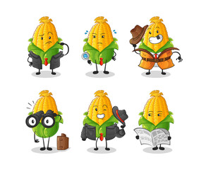 Canvas Print - corn detective group character. cartoon mascot vector