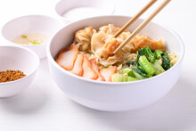 Noodles Soup With Wonton Dumpling And Grilled Red Pork In Bowl On White Background, Asian Food