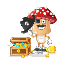 Red Mushroom Head Cartoon Pirate With Treasure Mascot. Cartoon Vector
