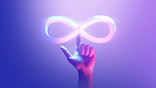 Hand Pointing Endless Infinity Sign Of Virtual Reality Metaverse Digital Innovation Game Or Internet Future Online Simulation Media Cyber And World Communication On Connection Technology Background.