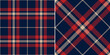 Tartan check plaid pattern in red, navy blue, beige. Seamless simple textured dark plaid vector illustration for flannel shirt, skirt, blanket, duvet cover, other modern autumn winter textile print.