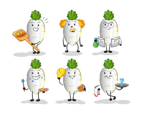 Wall Mural - white radish profession set character. cartoon mascot vector