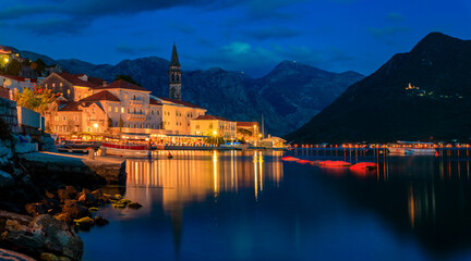 Wall Mural - Sunset panorama of Kotor Bay in the town of Perast, Montenegro, long exposure