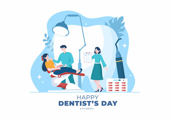Wall Mural - World Dentist Day with Dentistry and Patient in Armchair in Flat Cartoon Background Illustration Suitable for Poster or Banner
