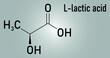 © Alexander - Lactic acid or L-lactic acid milk sugar molecule. Building block of polylactic acid or PLA bioplastic. Found in milk. Skeletal formula.