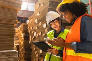 Engineer asian and african woman wearing safety helmet and vest holding clipboard and take note on the paper in the automotive part warehouse.Products and corrugated cardboard.