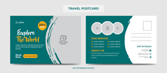 Modern Travel Postcard Design Template. Travel Company Postcard