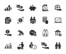 Vector Set Of Money Income Flat Icons. Contains Icons Profit, Expenses, Income Tax, Pension Fund, Piggy Bank, Loan, Income Protection, Profit And Loss And More. Pixel Perfect.