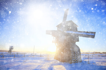 Wall Mural - mill winter landscape, Kimzha, windmill wooden architecture