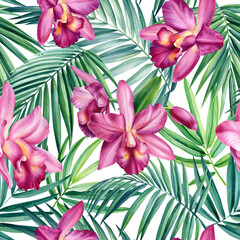 Watercolor Palm leaves, tropical flowers on white background. Seamless patterns. botanical illustration. 