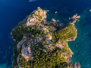 Top down aerial view of paleokastritsa monastery in corfu greece