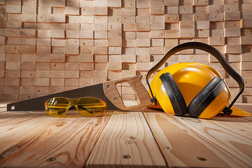 Wall Mural - Construction Carpentry Concept. Yellow Safety Goggles Helmet And Earphones. Classic Handsaw With Wooden Handle On Background Wood Stack