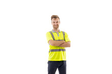 A Middle-aged White Man Wearing A Green Uniform T-shirt Standing Over An Isolated White Background. He Looks Happy And Smiles, A Smirk On His Face. Worker And Builder Concept.