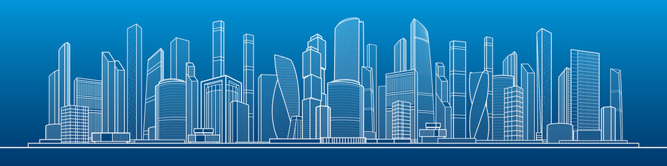 Modern town. Urban city complex. Business center. Citycape pamorama. Infrastructure outlines illustration. White outlines on blue background. Vector design art