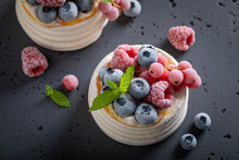 Homemade Mini Pavlova Dessert Made Of Frozen Berries And Mascarpone.
