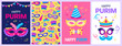 Purim carnival greeting card set with cute carnival mask and hat. Childish print for card, poster and party invitation