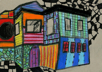  Abstract cityscape of the future. Neon light in the city. Cyberpunk. Pastel pencils illustration