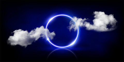 Wall Mural - neon light circle frame glowing among soft clouds in dark sky abstract night background
