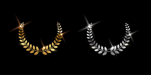 Wall Mural - gold and silver shiny laurel wreath signs isolated on black background. vector award symbols.