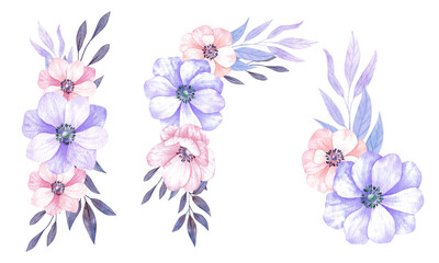  Watercolor flower bouquets. Purple anemones compositions with leaves  isolated on white background. Very peri arrangements on trendy color 2022