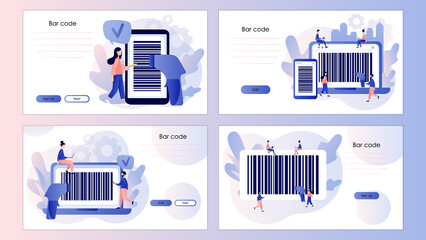 Bar code in smartphone and laptop app. Handheld barcode scanner. Tiny people scan bar-code. Screen template for landing page, template, ui, web, mobile app, poster, banner, flyer. Vector illustration