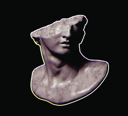 Vector CMYK offset print effect in dot halftone broken classical style head sculpture fragment from 3d rendering isolated on black background.