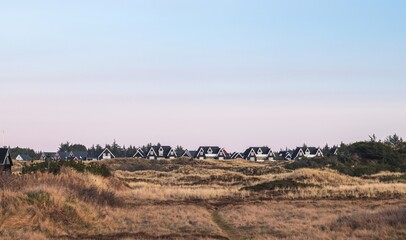 Residential houses in the dunes of Blokhus Strand beach, North Denmark Region