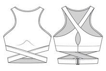 Girls Sports Bra Fashion Flat Sketch Template. Women Active Wear Crop Top Technical Fashion Illustration. Front And Back View. Outline Fashion Technical Sketch Of Clothes Model.
