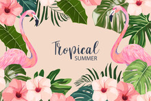 Exotic Tropical Palm Leaves,  Hibiscus And Flamingo. Frame Border Background. Summer Vector Illustration. Template For Card