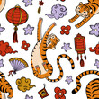 Pattern for China New Year 2022, cute tiger flowers lantern fan cloud amulet template, print wrapping picture ornament