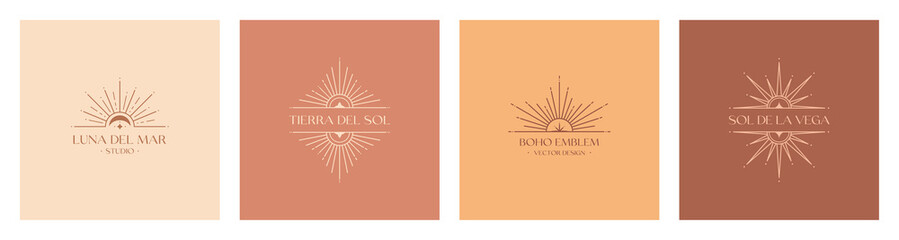 Wall Mural - set of vector bohemian logos.boho linear icons or emblems.letters with tierra del sol means the land
